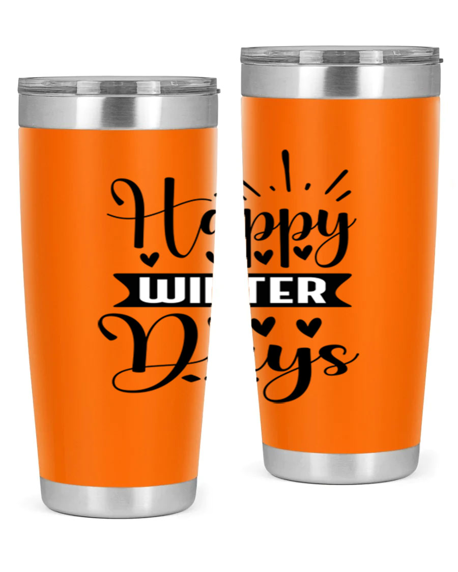 Happy Winter Days 125# Tumbler in stainless steel with a festive winter design, showcasing its double wall vacuum insulation and drink-thru lid.