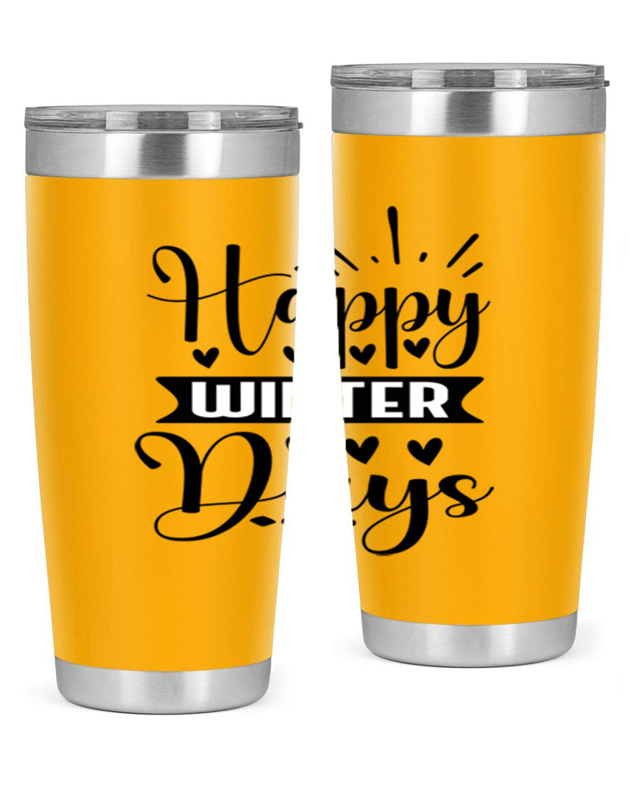 Happy Winter Days 125# Tumbler in stainless steel with a festive winter design, showcasing its double wall vacuum insulation and drink-thru lid.