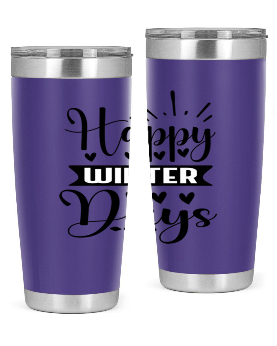 Happy Winter Days 125# Tumbler in stainless steel with a festive winter design, showcasing its double wall vacuum insulation and drink-thru lid.