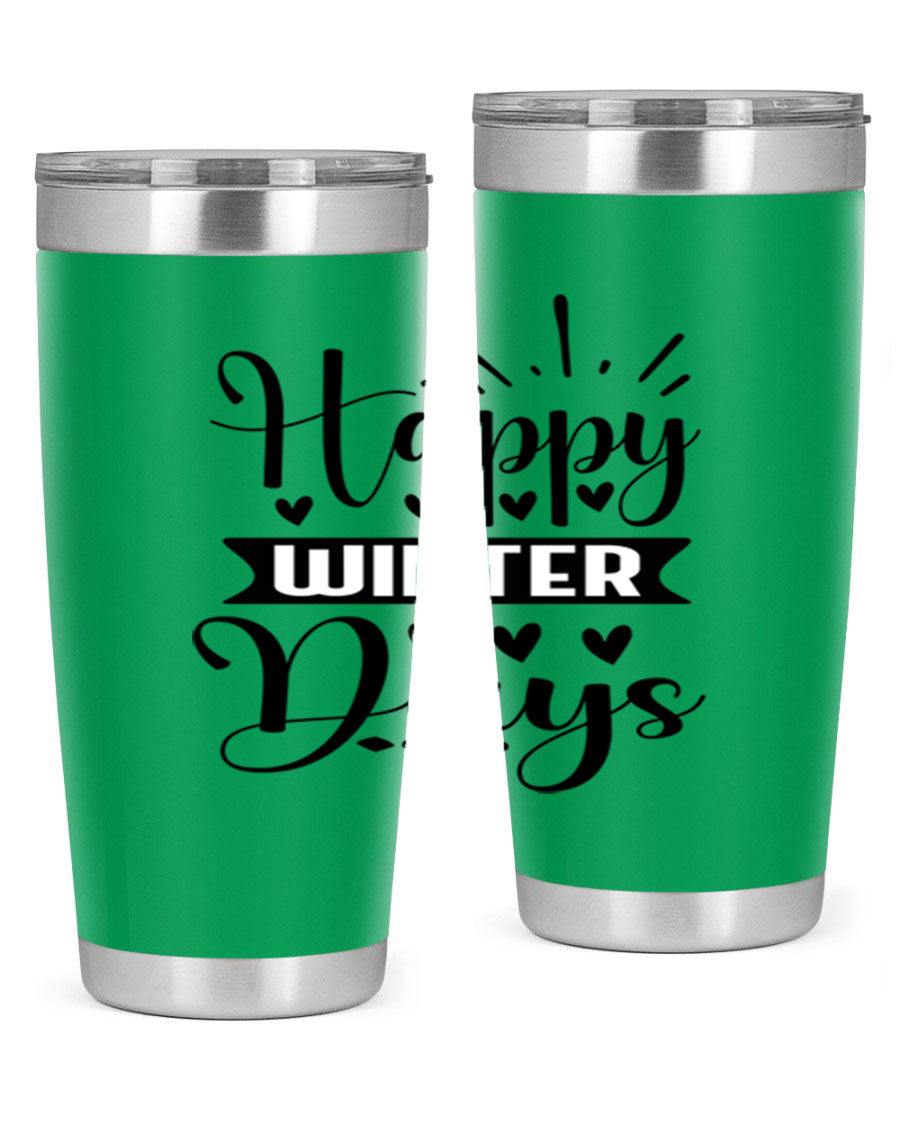 Happy Winter Days 125# Tumbler in stainless steel with a festive winter design, showcasing its double wall vacuum insulation and drink-thru lid.