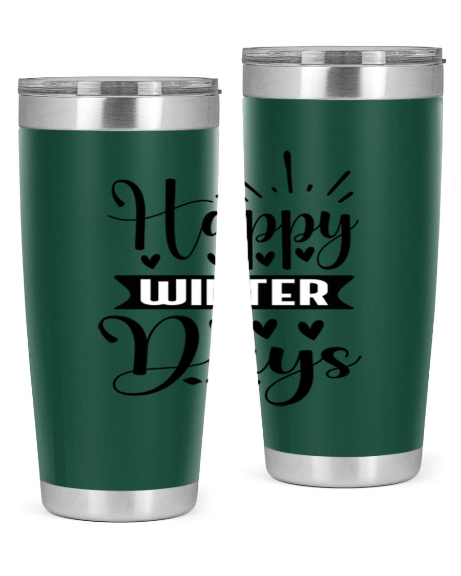 Happy Winter Days 125# Tumbler in stainless steel with a festive winter design, showcasing its double wall vacuum insulation and drink-thru lid.