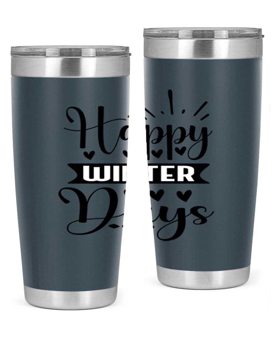 Happy Winter Days 125# Tumbler in stainless steel with a festive winter design, showcasing its double wall vacuum insulation and drink-thru lid.