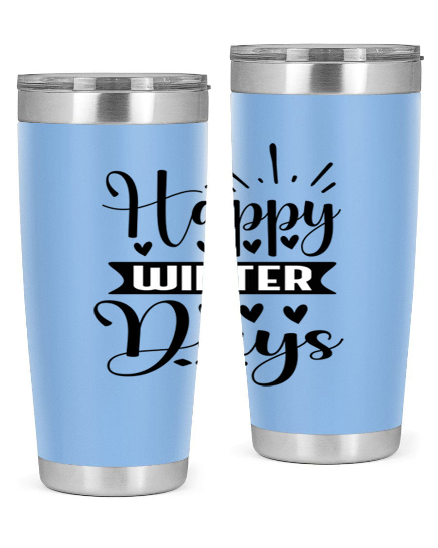 Happy Winter Days 125# Tumbler in stainless steel with a festive winter design, showcasing its double wall vacuum insulation and drink-thru lid.
