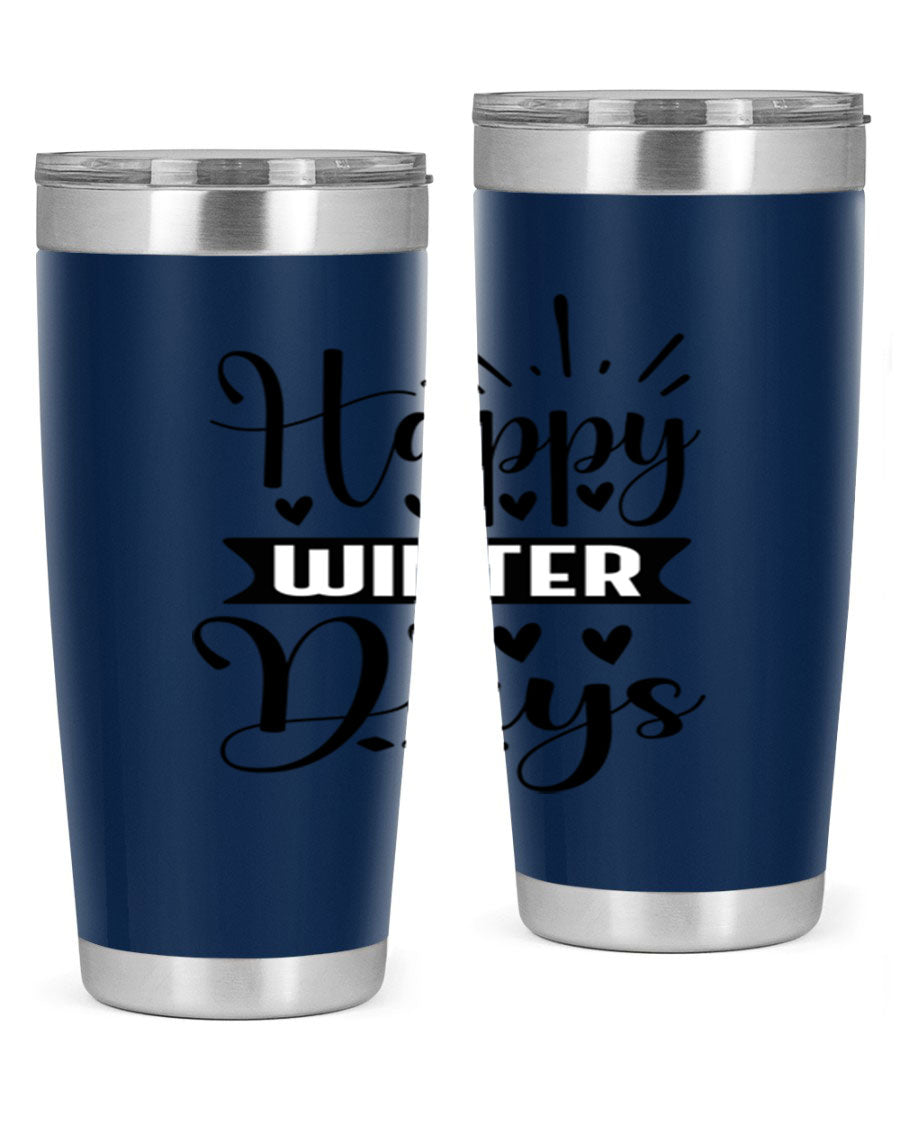 Happy Winter Days 125# Tumbler in stainless steel with a festive winter design, showcasing its double wall vacuum insulation and drink-thru lid.