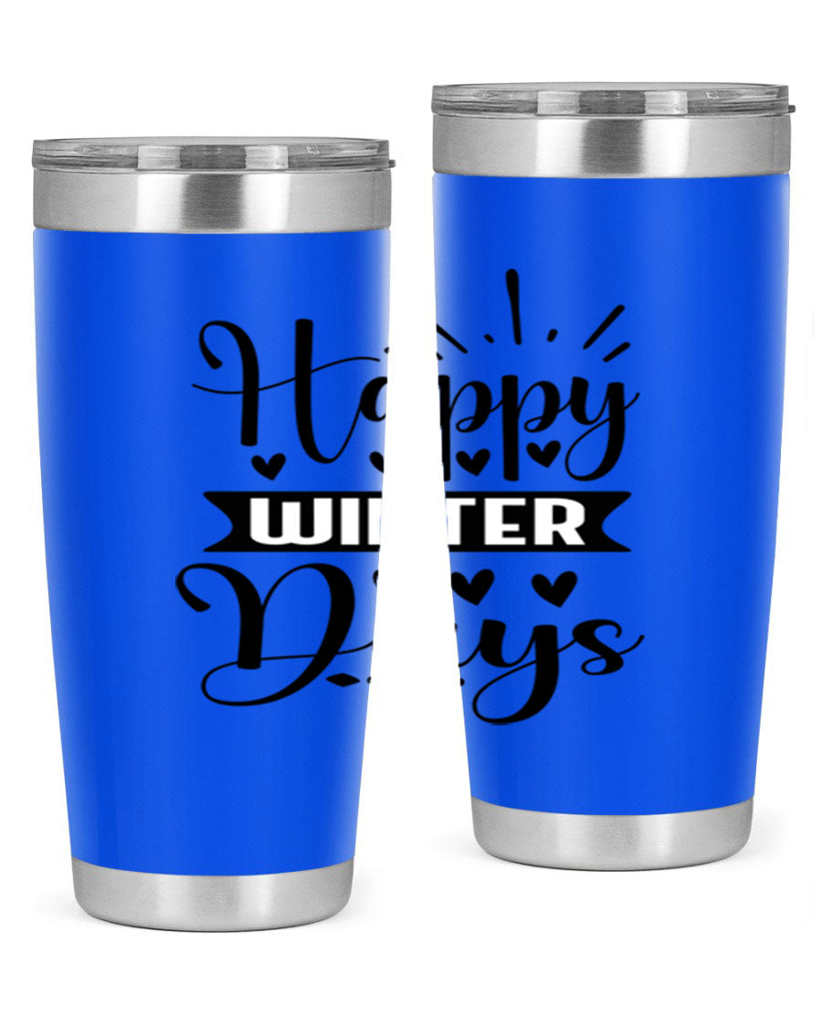 Happy Winter Days 125# Tumbler in stainless steel with a festive winter design, showcasing its double wall vacuum insulation and drink-thru lid.