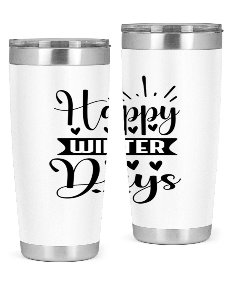 Happy Winter Days 125# Tumbler in stainless steel with a festive winter design, showcasing its double wall vacuum insulation and drink-thru lid.