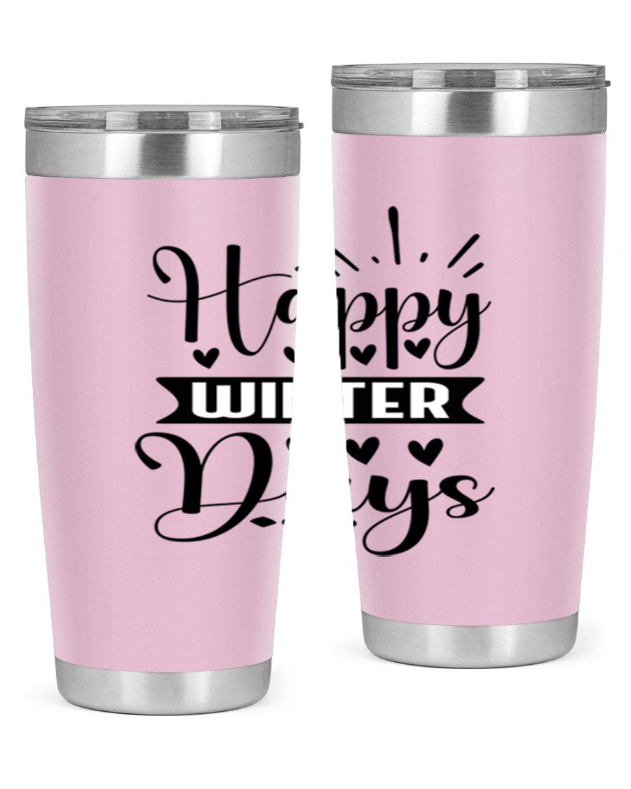 Happy Winter Days 125# Tumbler in stainless steel with a festive winter design, showcasing its double wall vacuum insulation and drink-thru lid.