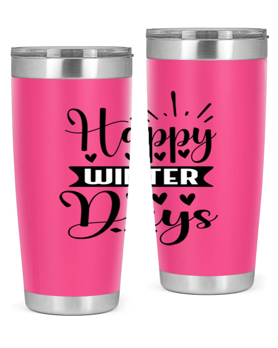 Happy Winter Days 125# Tumbler in stainless steel with a festive winter design, showcasing its double wall vacuum insulation and drink-thru lid.