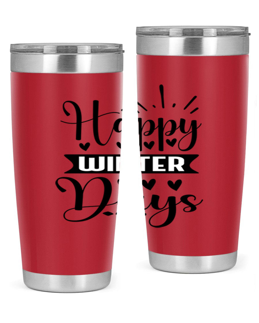 Happy Winter Days 125# Tumbler in stainless steel with a festive winter design, showcasing its double wall vacuum insulation and drink-thru lid.