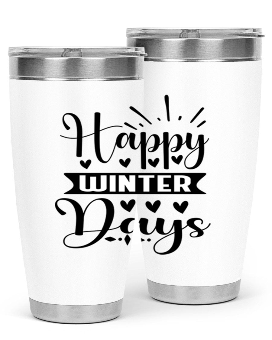 Happy Winter Days 125# Tumbler in stainless steel with a festive winter design, showcasing its double wall vacuum insulation and drink-thru lid.