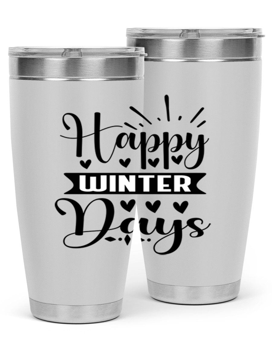 Happy Winter Days 125# Tumbler in stainless steel with a festive winter design, showcasing its double wall vacuum insulation and drink-thru lid.