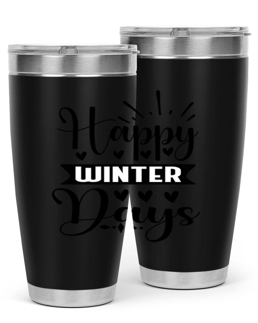 Happy Winter Days 125# Tumbler in stainless steel with a festive winter design, showcasing its double wall vacuum insulation and drink-thru lid.