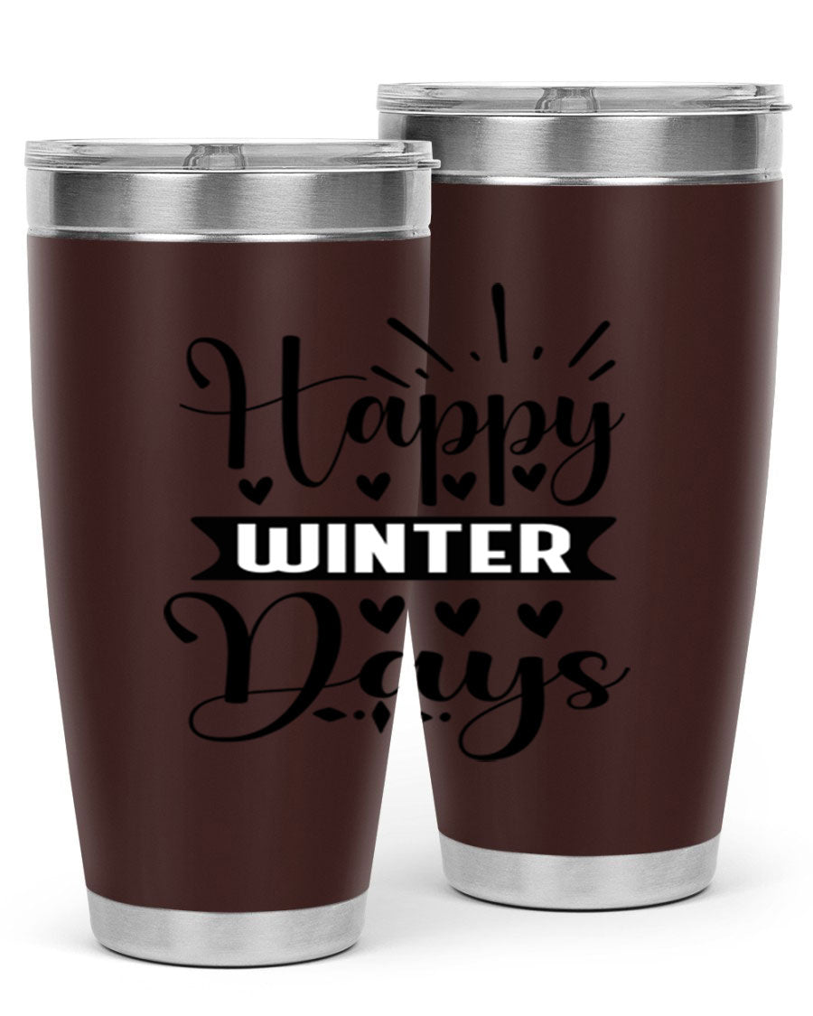 Happy Winter Days 125# Tumbler in stainless steel with a festive winter design, showcasing its double wall vacuum insulation and drink-thru lid.