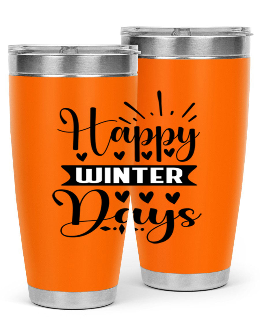 Happy Winter Days 125# Tumbler in stainless steel with a festive winter design, showcasing its double wall vacuum insulation and drink-thru lid.
