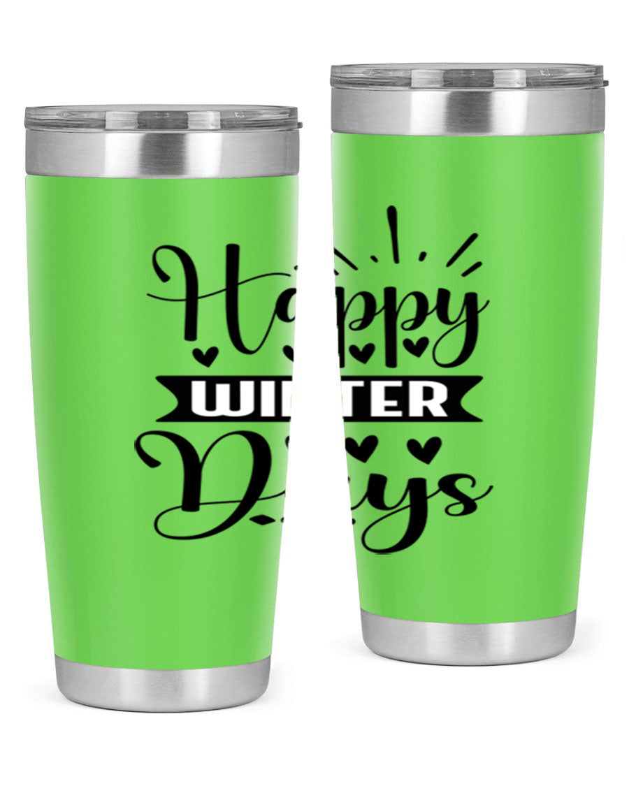 Happy Winter Days 125# Tumbler in stainless steel with a festive winter design, showcasing its double wall vacuum insulation and drink-thru lid.