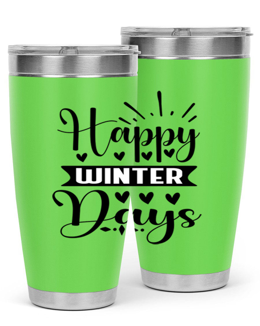 Happy Winter Days 125# Tumbler in stainless steel with a festive winter design, showcasing its double wall vacuum insulation and drink-thru lid.