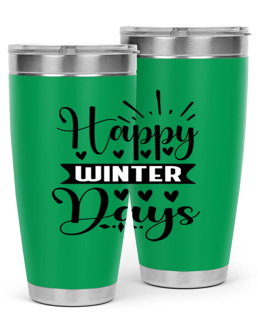 Happy Winter Days 125# Tumbler in stainless steel with a festive winter design, showcasing its double wall vacuum insulation and drink-thru lid.