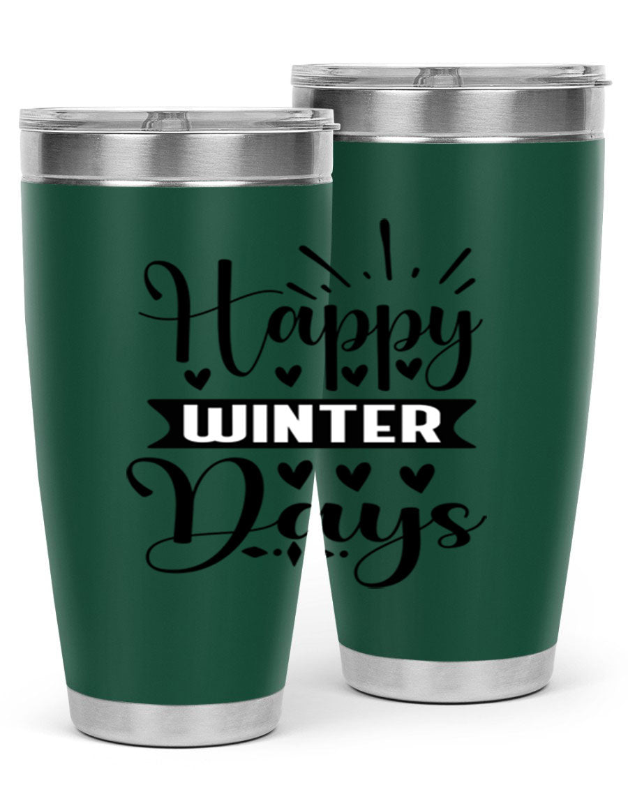 Happy Winter Days 125# Tumbler in stainless steel with a festive winter design, showcasing its double wall vacuum insulation and drink-thru lid.