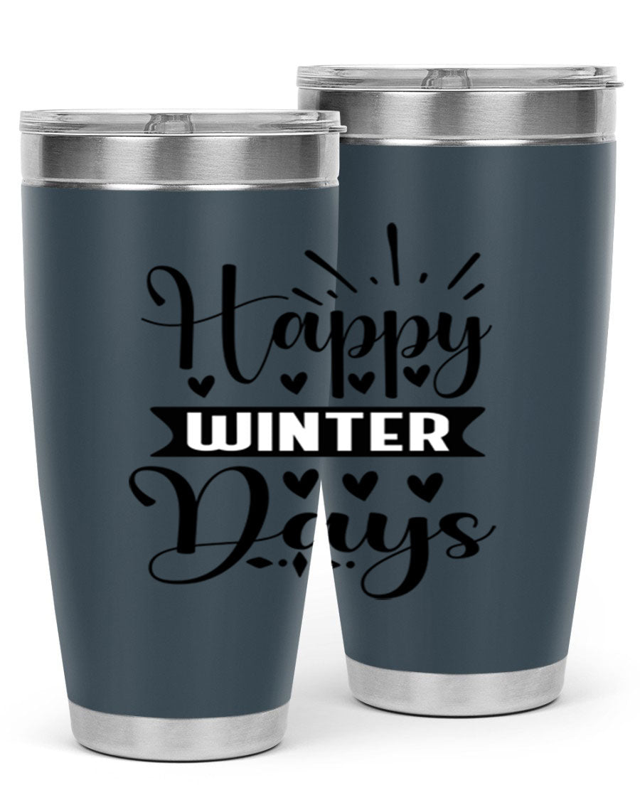 Happy Winter Days 125# Tumbler in stainless steel with a festive winter design, showcasing its double wall vacuum insulation and drink-thru lid.