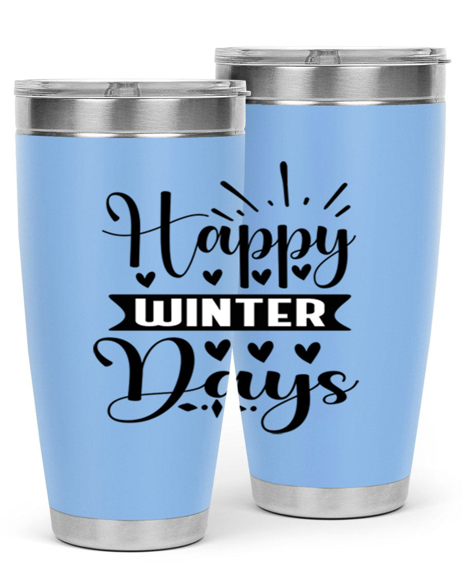 Happy Winter Days 125# Tumbler in stainless steel with a festive winter design, showcasing its double wall vacuum insulation and drink-thru lid.