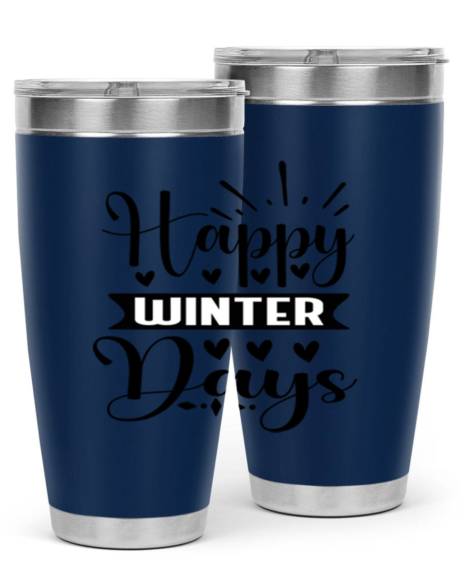 Happy Winter Days 125# Tumbler in stainless steel with a festive winter design, showcasing its double wall vacuum insulation and drink-thru lid.