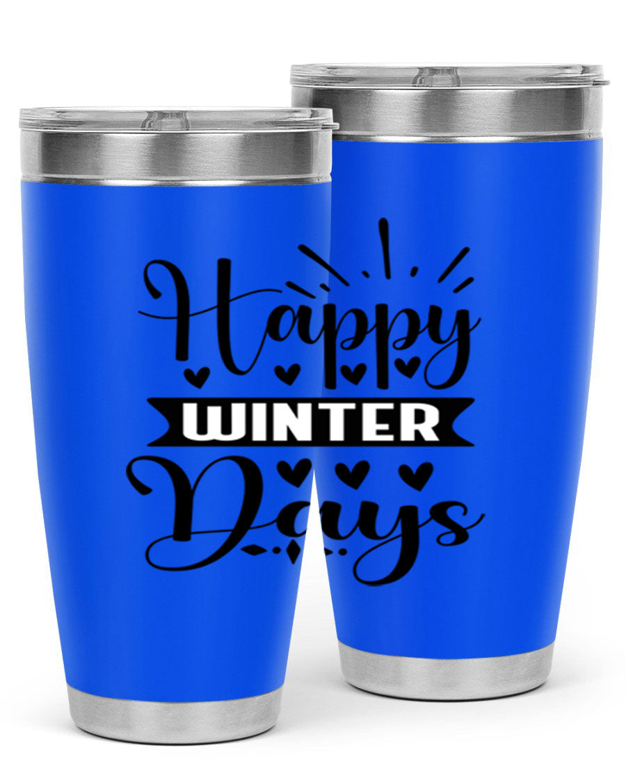 Happy Winter Days 125# Tumbler in stainless steel with a festive winter design, showcasing its double wall vacuum insulation and drink-thru lid.