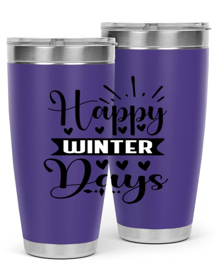 Happy Winter Days 125# Tumbler in stainless steel with a festive winter design, showcasing its double wall vacuum insulation and drink-thru lid.