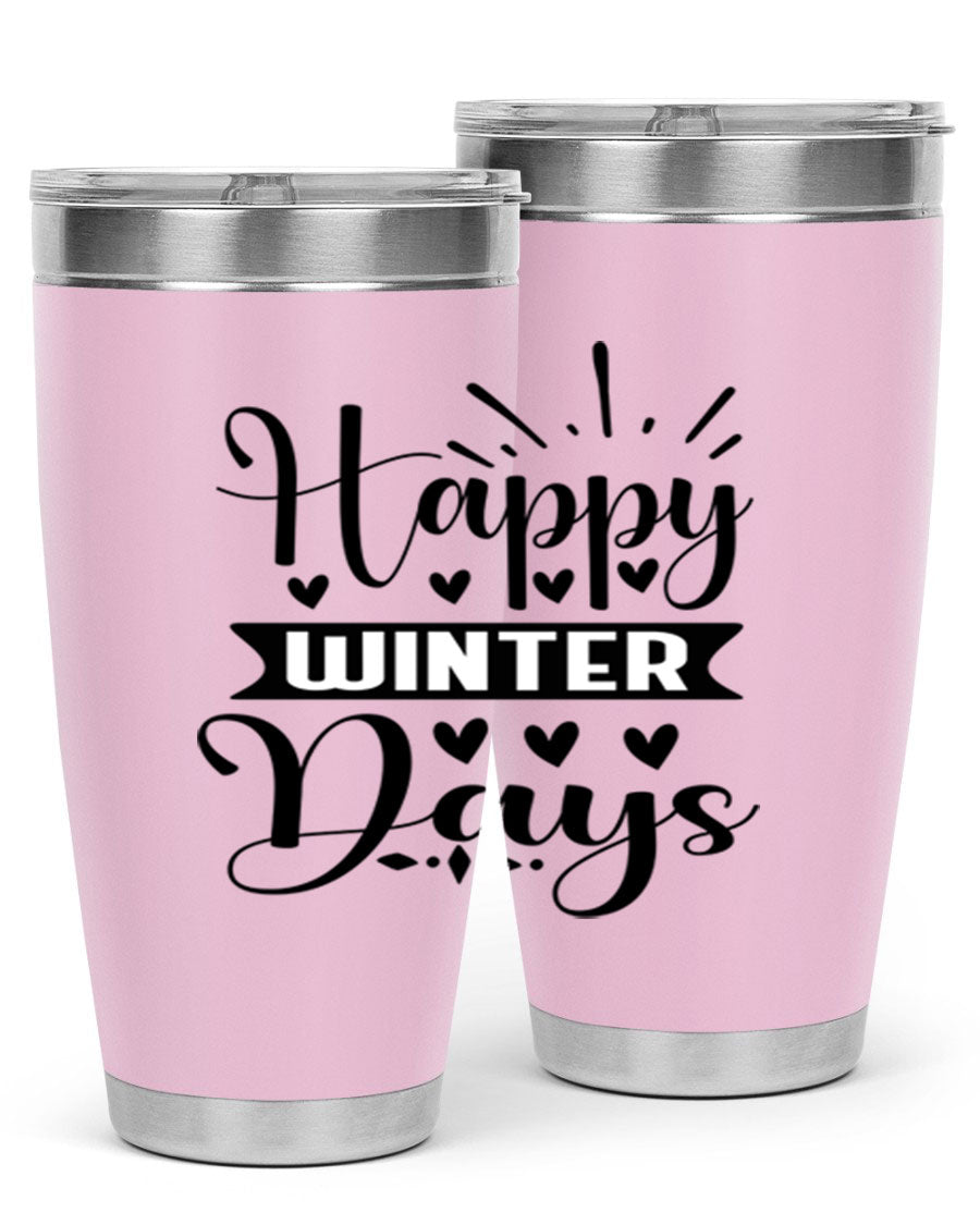 Happy Winter Days 125# Tumbler in stainless steel with a festive winter design, showcasing its double wall vacuum insulation and drink-thru lid.