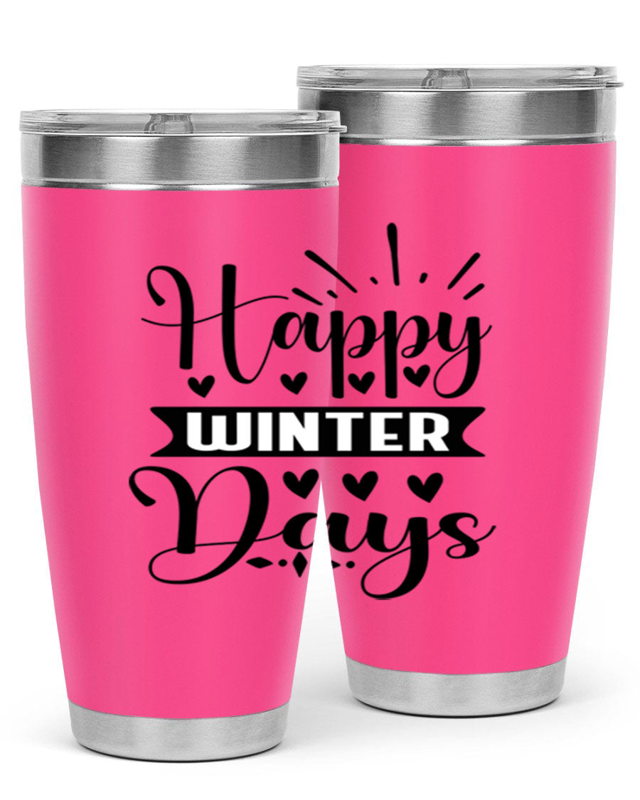 Happy Winter Days 125# Tumbler in stainless steel with a festive winter design, showcasing its double wall vacuum insulation and drink-thru lid.