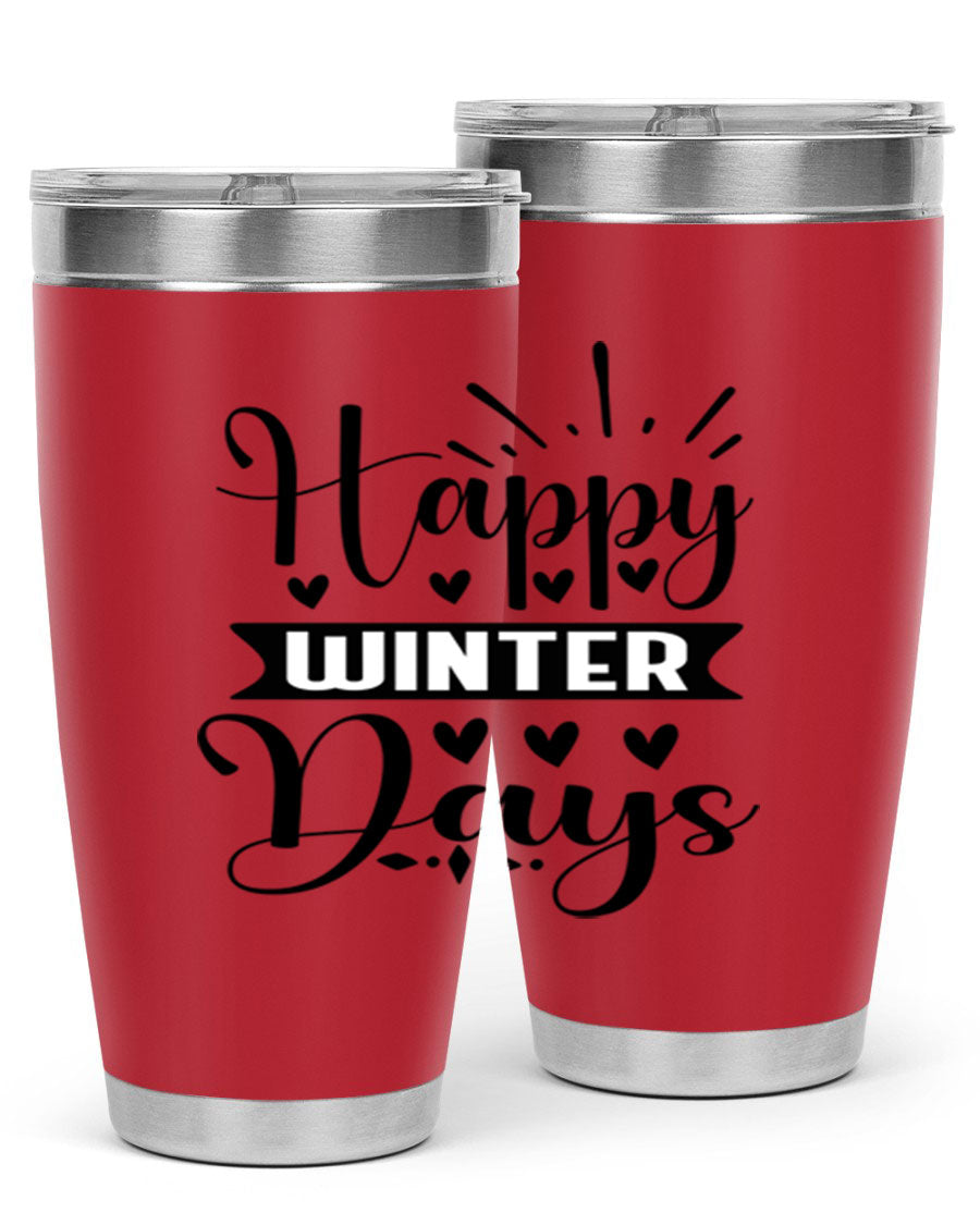 Happy Winter Days 125# Tumbler in stainless steel with a festive winter design, showcasing its double wall vacuum insulation and drink-thru lid.