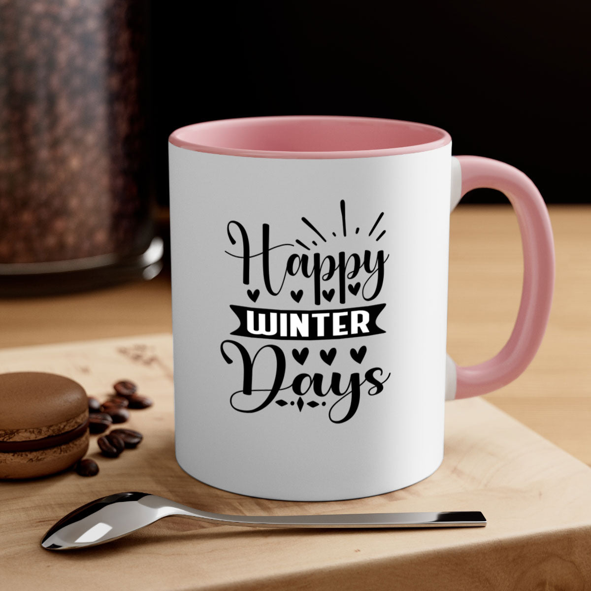 Happy Winter Days 125# Mug featuring a glossy finish, colored handle, and interior, available in five vibrant colors.