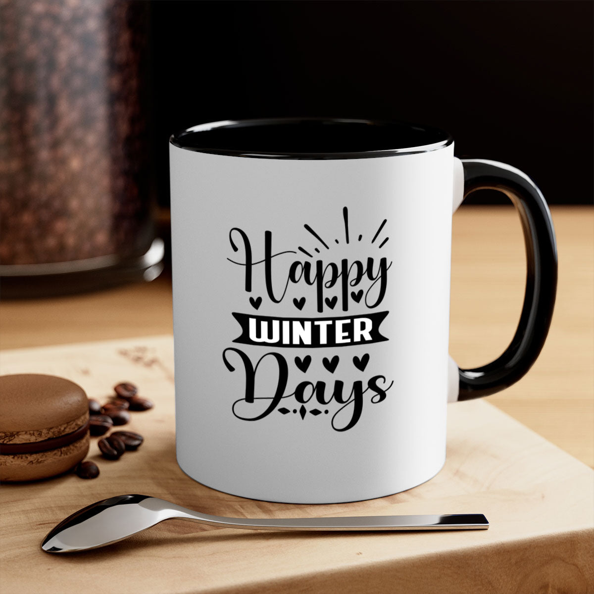 Happy Winter Days 125# Mug featuring a glossy finish, colored handle, and interior, available in five vibrant colors.