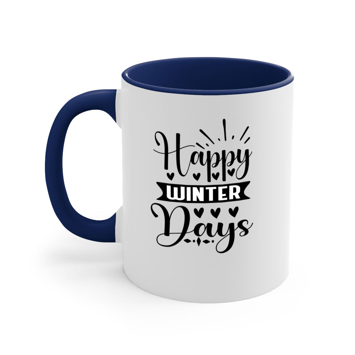 Happy Winter Days 125# Mug featuring a glossy finish, colored handle, and interior, available in five vibrant colors.
