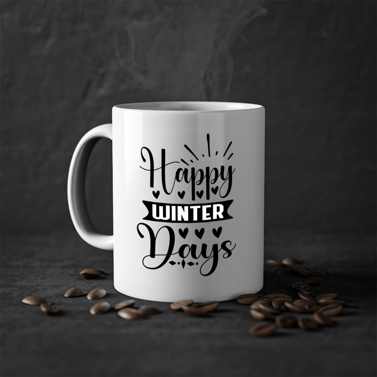 Happy Winter Days 125# Mug featuring a glossy finish, colored handle, and interior, available in five vibrant colors.