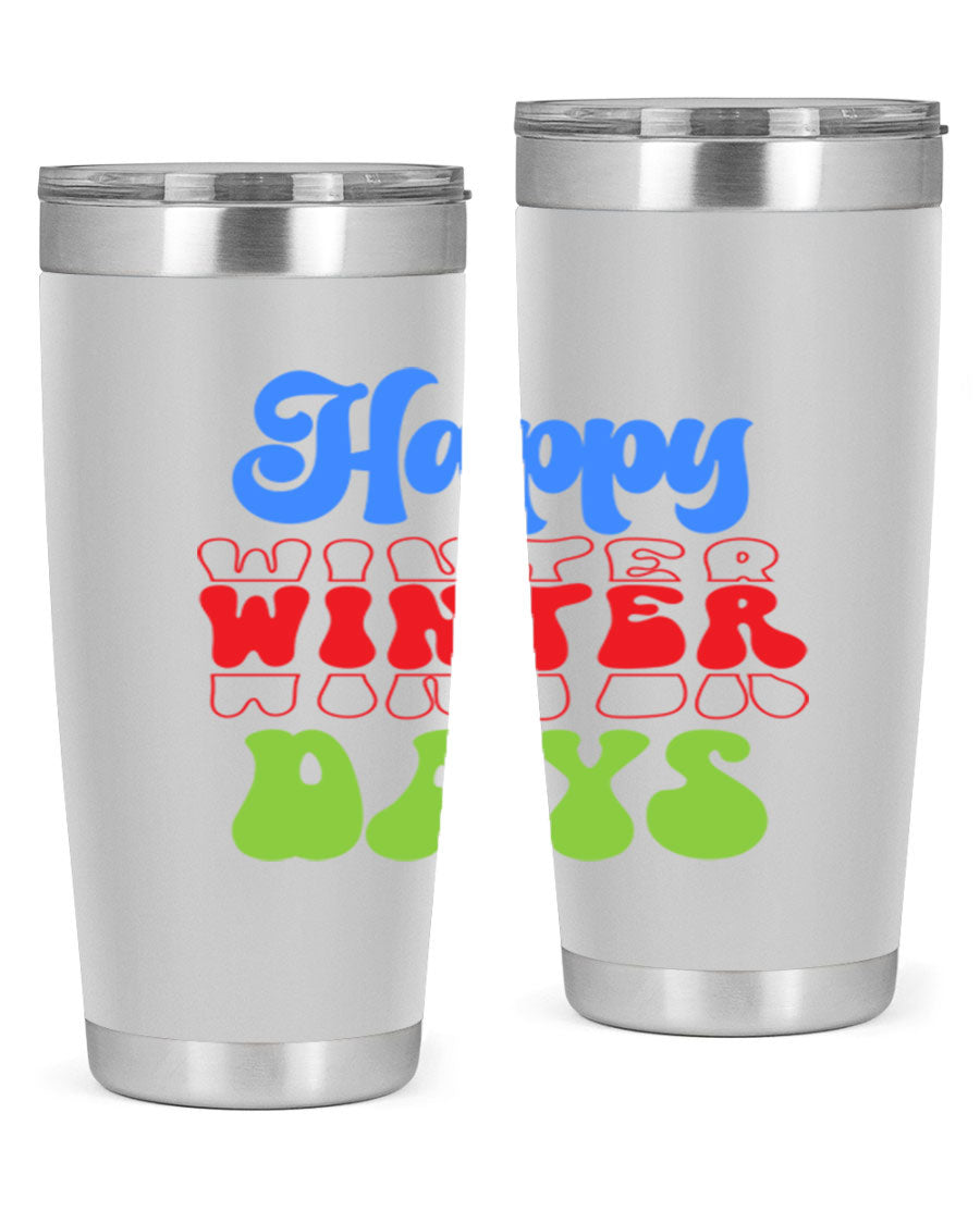 Happy Winter Days 20oz Tumbler made of stainless steel with a copper lining, featuring a drink-thru lid, ideal for hot and cold beverages.