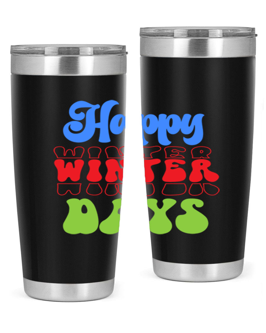 Happy Winter Days 20oz Tumbler made of stainless steel with a copper lining, featuring a drink-thru lid, ideal for hot and cold beverages.