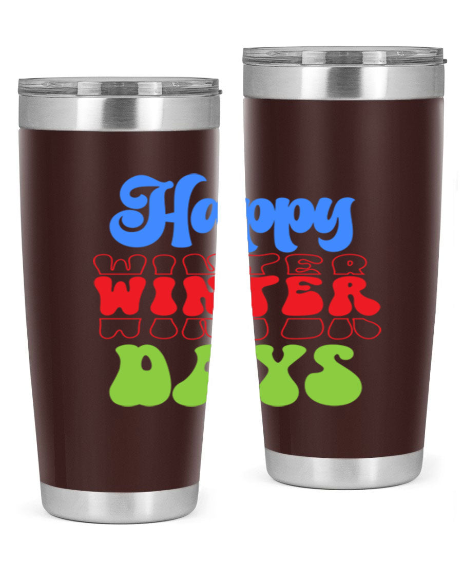 Happy Winter Days 20oz Tumbler made of stainless steel with a copper lining, featuring a drink-thru lid, ideal for hot and cold beverages.
