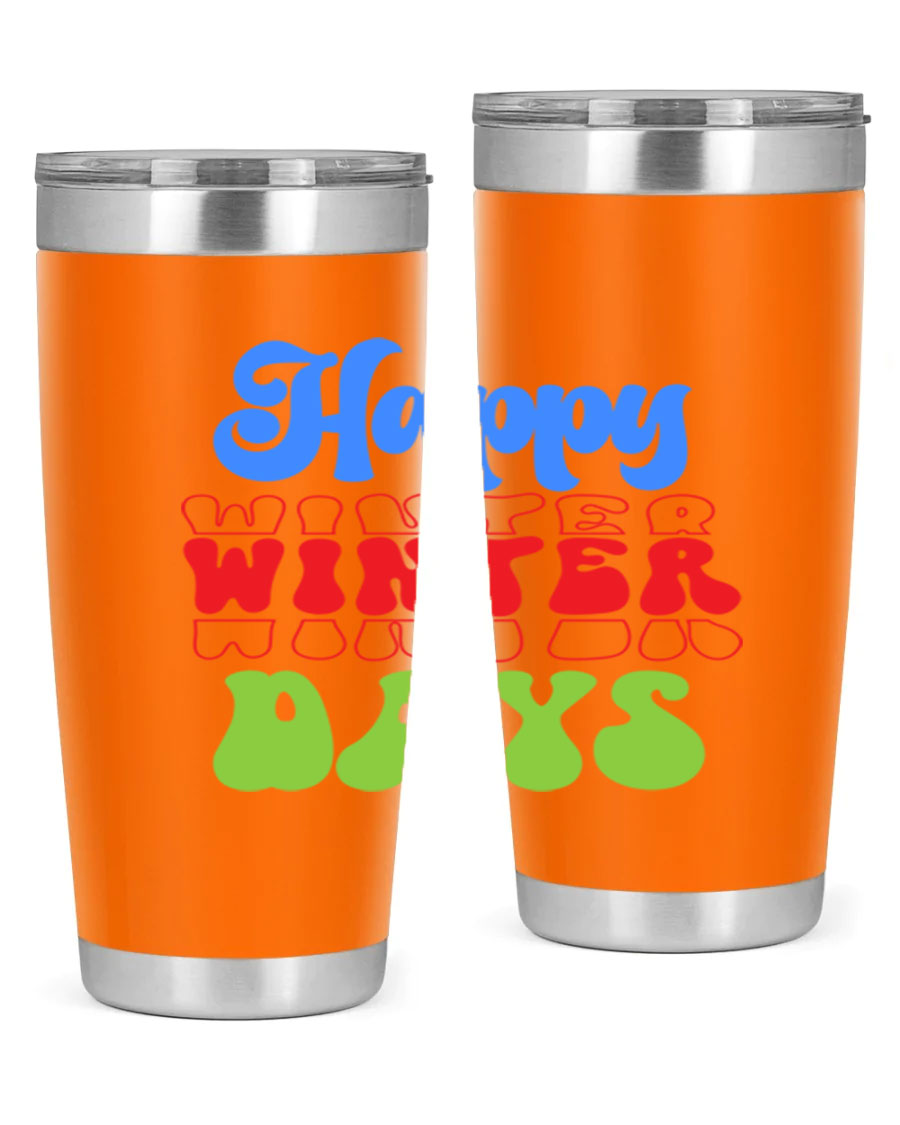 Happy Winter Days 20oz Tumbler made of stainless steel with a copper lining, featuring a drink-thru lid, ideal for hot and cold beverages.