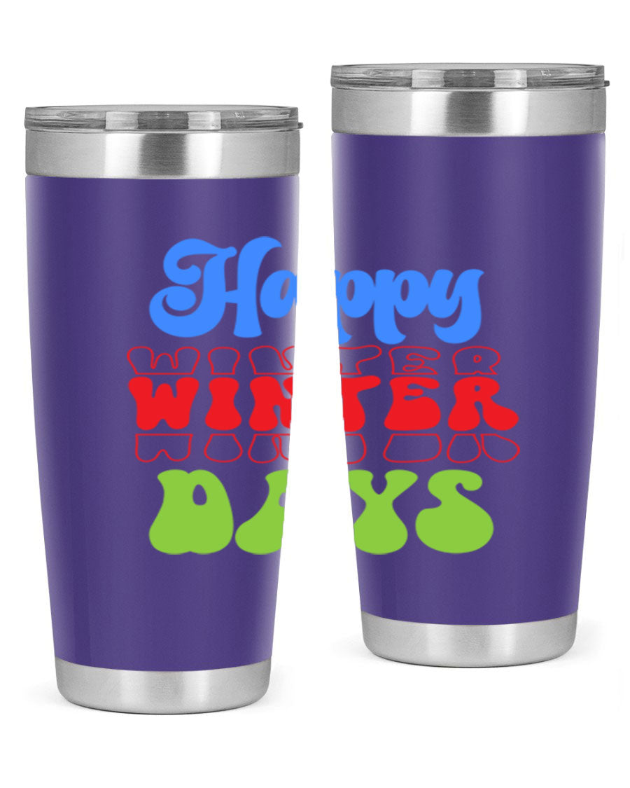 Happy Winter Days 20oz Tumbler made of stainless steel with a copper lining, featuring a drink-thru lid, ideal for hot and cold beverages.
