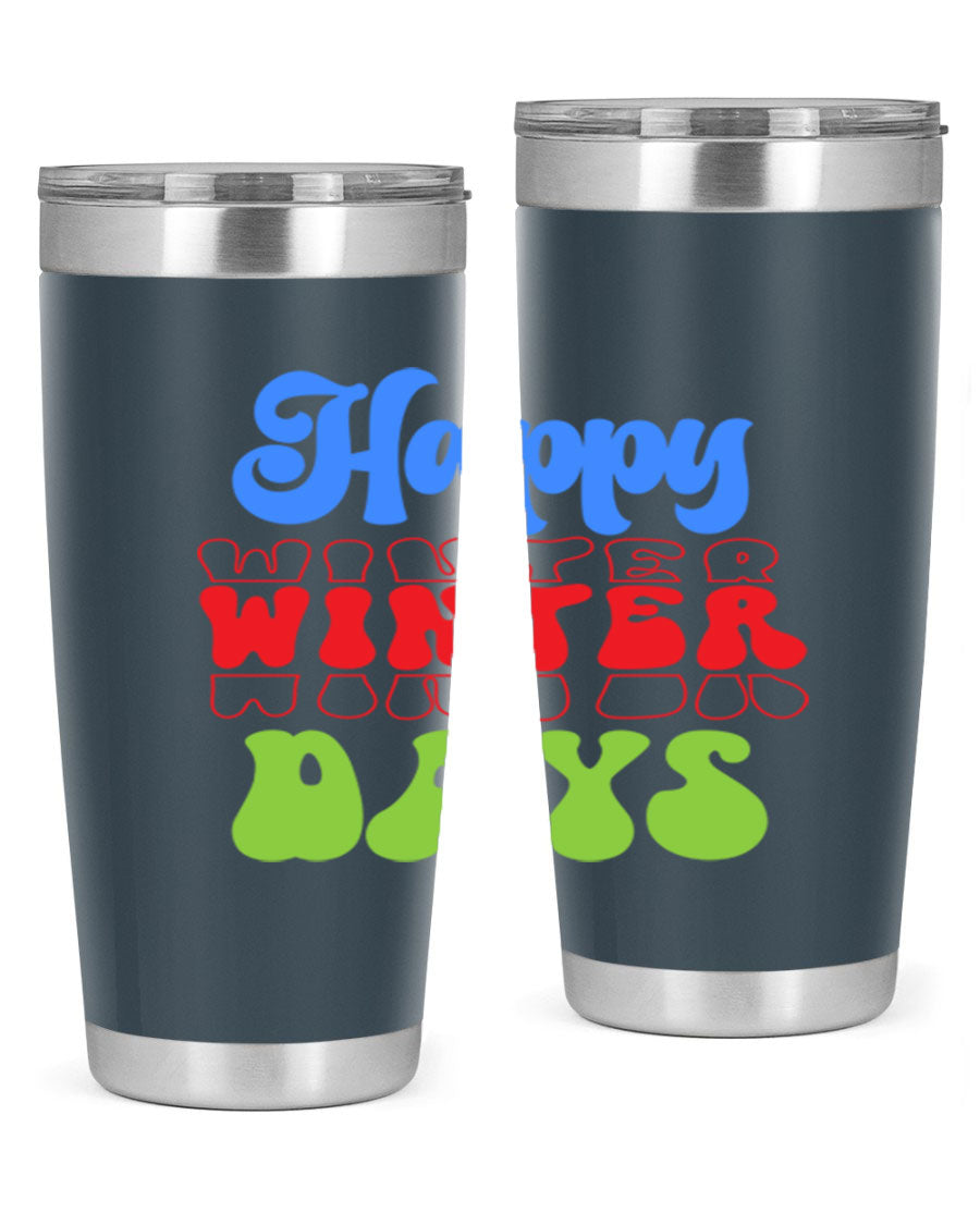 Happy Winter Days 20oz Tumbler made of stainless steel with a copper lining, featuring a drink-thru lid, ideal for hot and cold beverages.