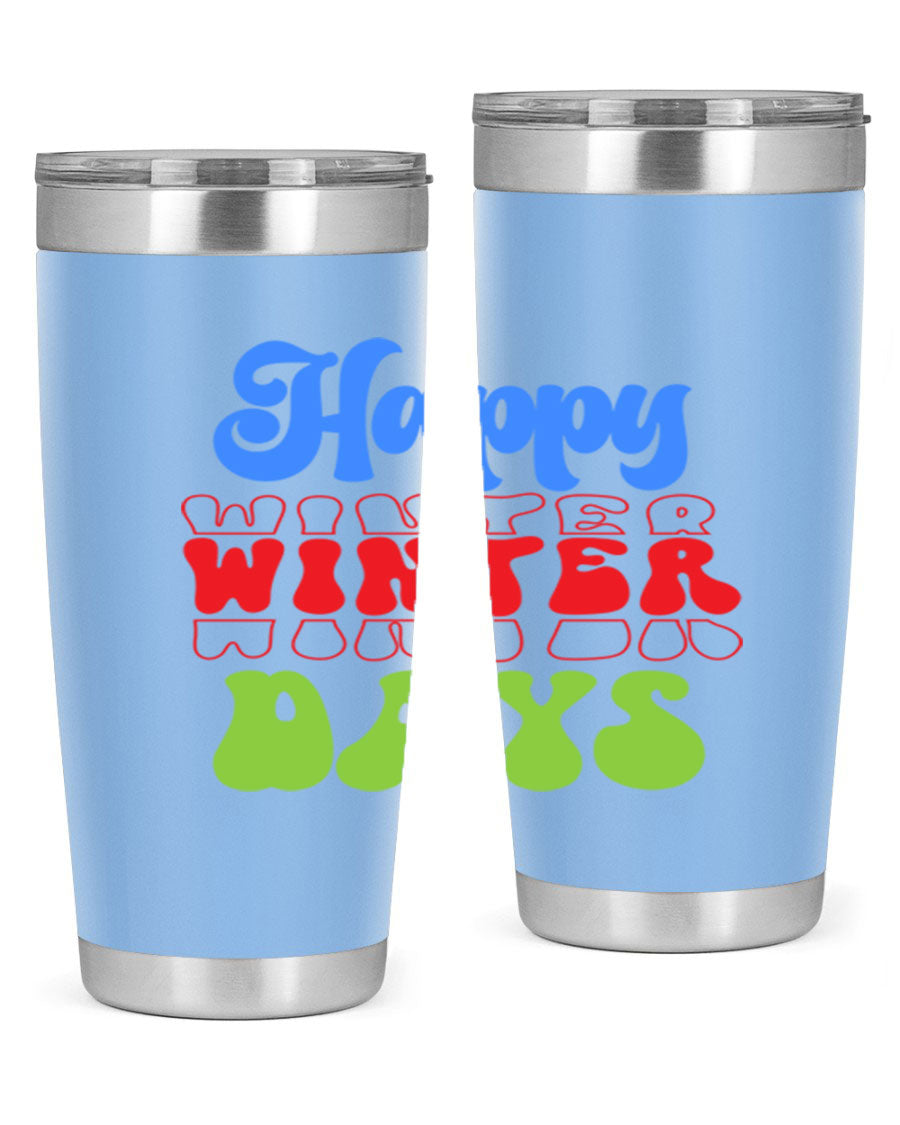 Happy Winter Days 20oz Tumbler made of stainless steel with a copper lining, featuring a drink-thru lid, ideal for hot and cold beverages.
