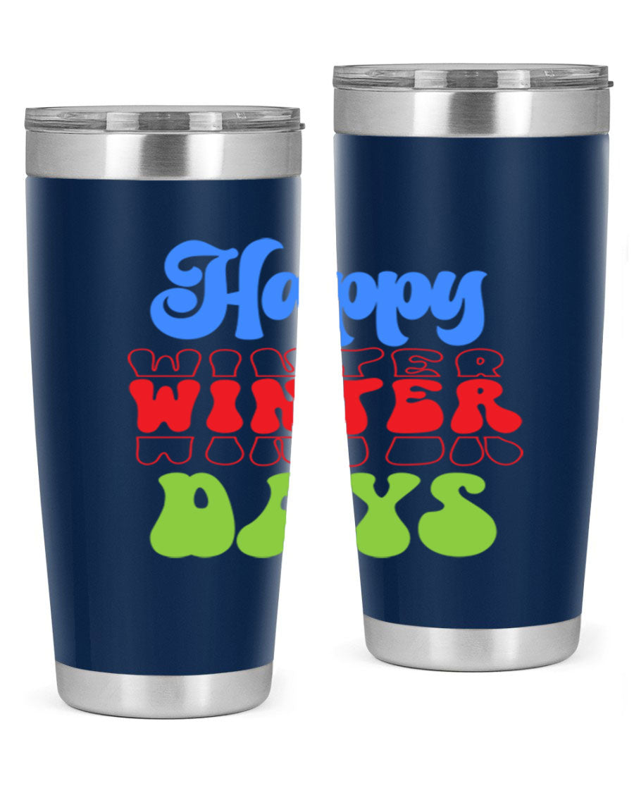 Happy Winter Days 20oz Tumbler made of stainless steel with a copper lining, featuring a drink-thru lid, ideal for hot and cold beverages.