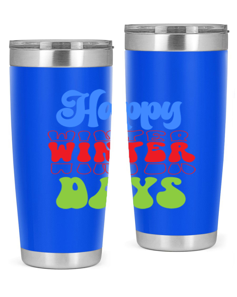Happy Winter Days 20oz Tumbler made of stainless steel with a copper lining, featuring a drink-thru lid, ideal for hot and cold beverages.