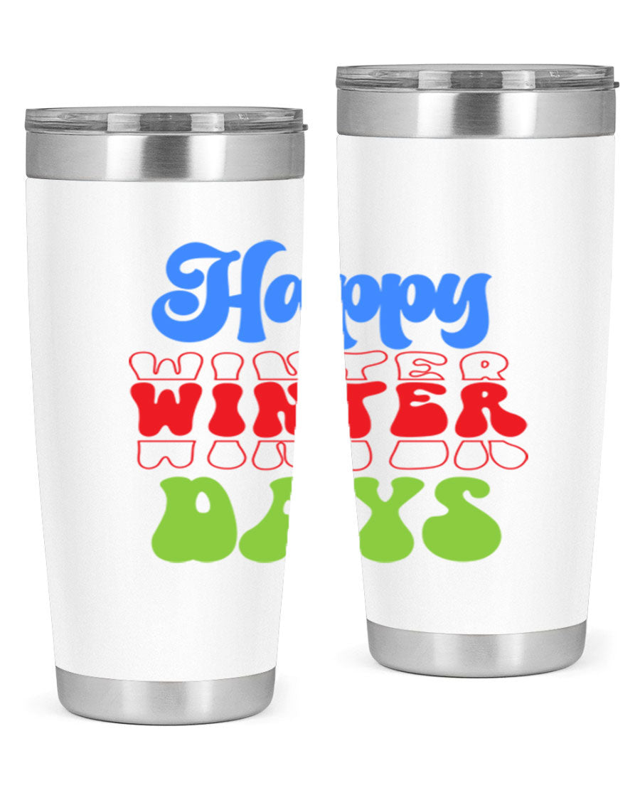 Happy Winter Days 20oz Tumbler made of stainless steel with a copper lining, featuring a drink-thru lid, ideal for hot and cold beverages.