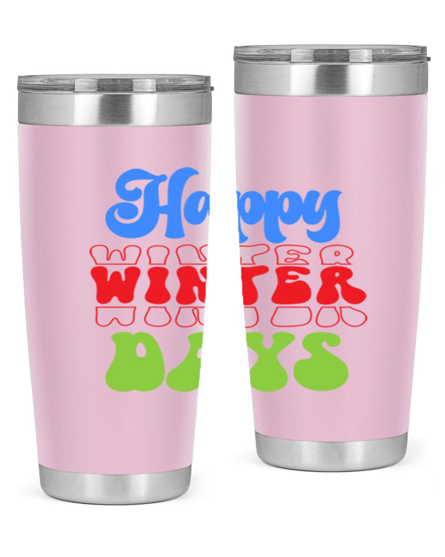 Happy Winter Days 20oz Tumbler made of stainless steel with a copper lining, featuring a drink-thru lid, ideal for hot and cold beverages.