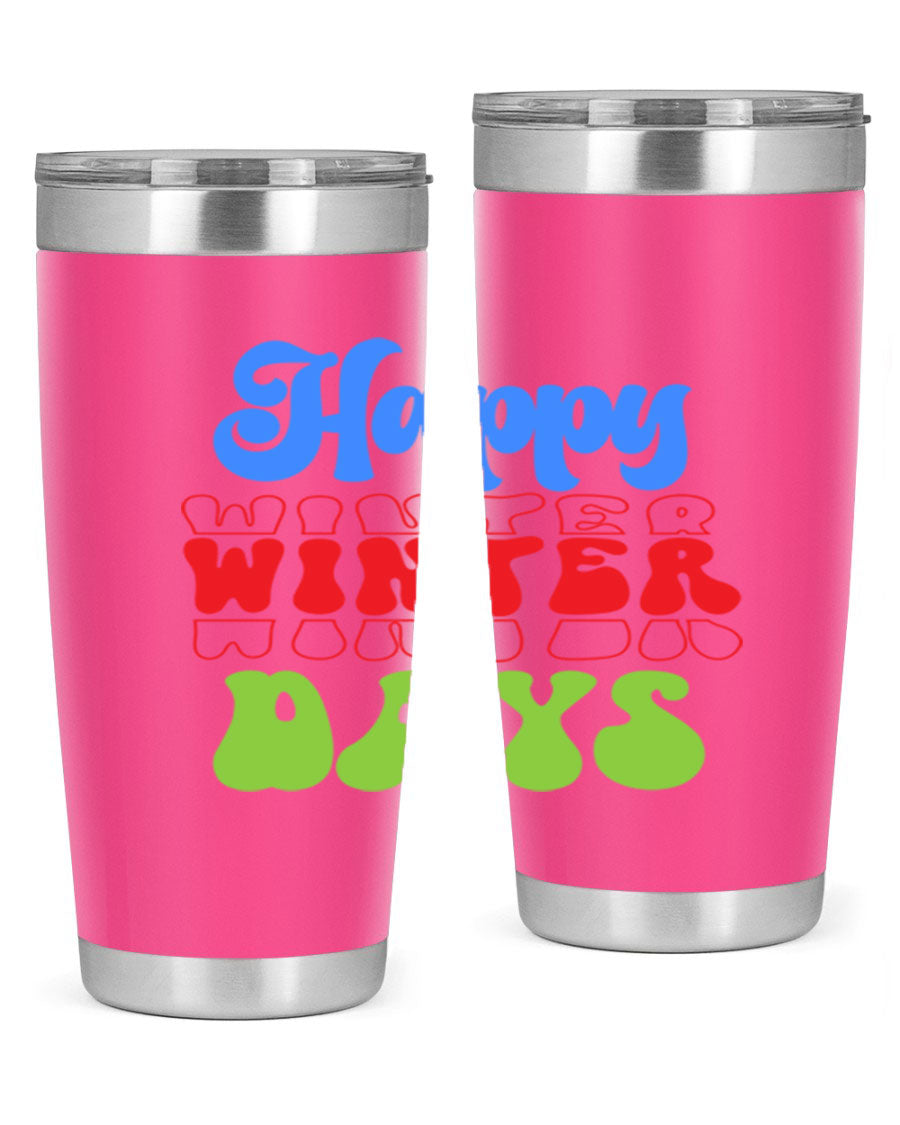 Happy Winter Days 20oz Tumbler made of stainless steel with a copper lining, featuring a drink-thru lid, ideal for hot and cold beverages.