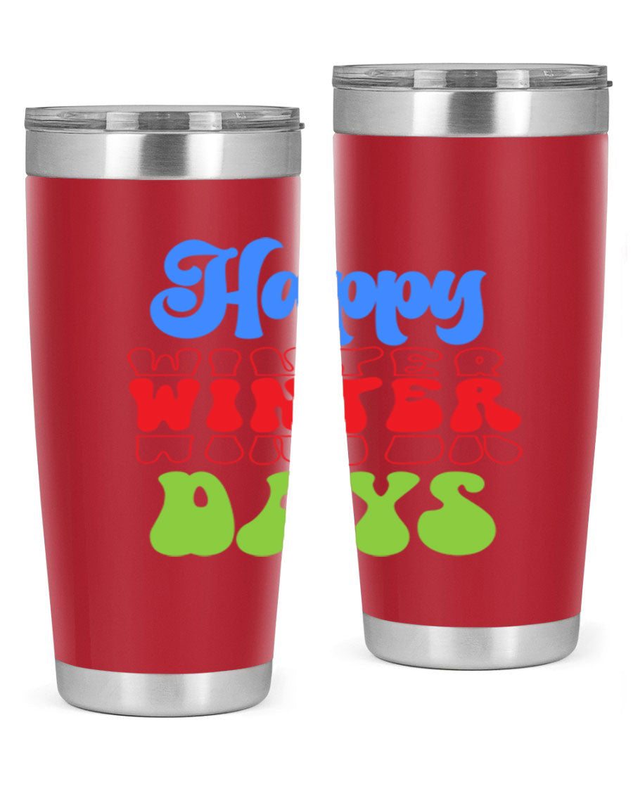 Happy Winter Days 20oz Tumbler made of stainless steel with a copper lining, featuring a drink-thru lid, ideal for hot and cold beverages.
