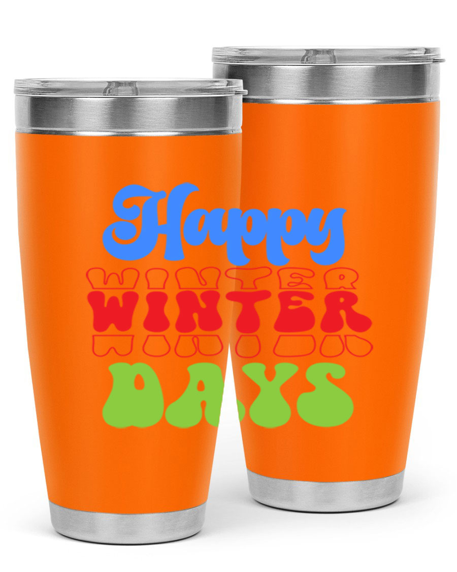 Happy Winter Days 20oz Tumbler made of stainless steel with a copper lining, featuring a drink-thru lid, ideal for hot and cold beverages.