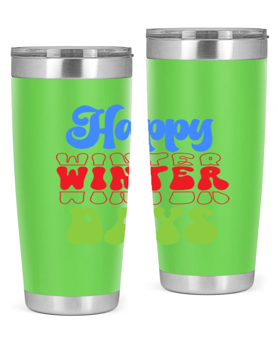 Happy Winter Days 20oz Tumbler made of stainless steel with a copper lining, featuring a drink-thru lid, ideal for hot and cold beverages.