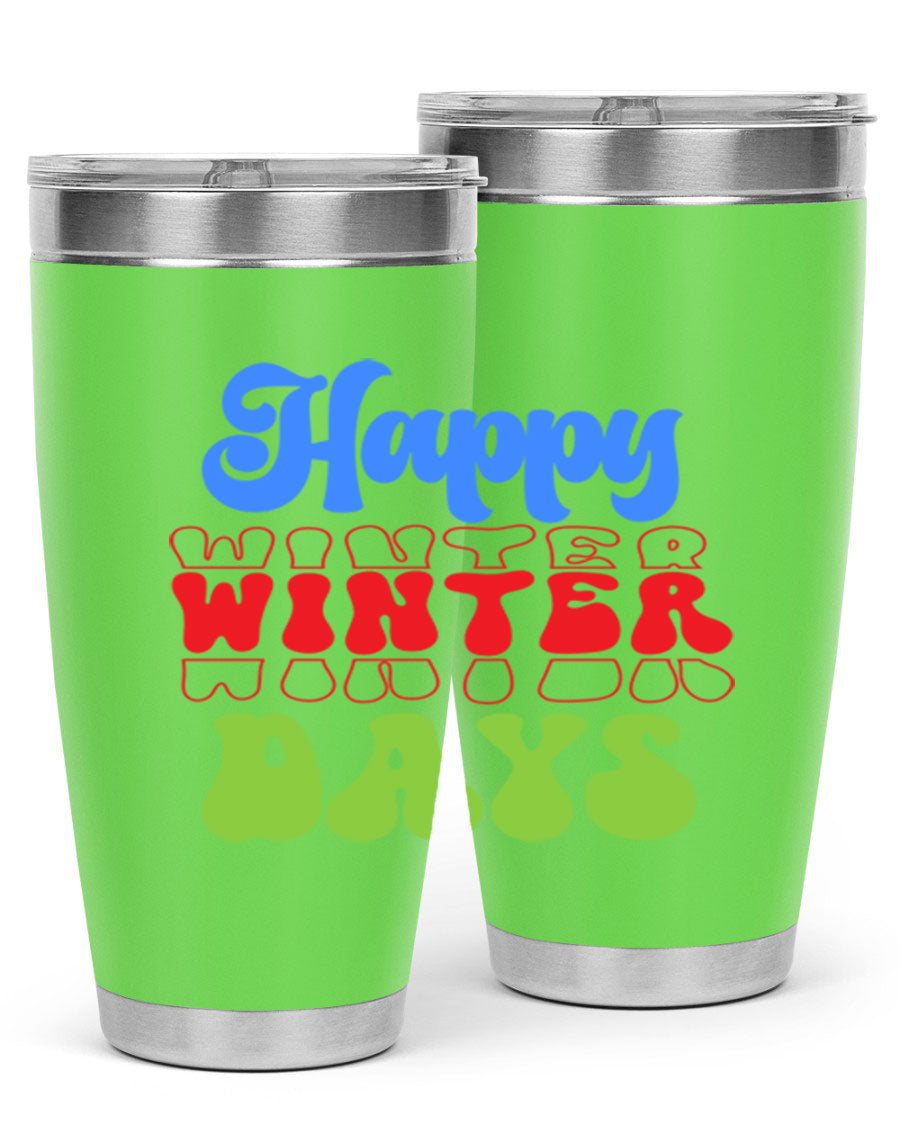 Happy Winter Days 20oz Tumbler made of stainless steel with a copper lining, featuring a drink-thru lid, ideal for hot and cold beverages.